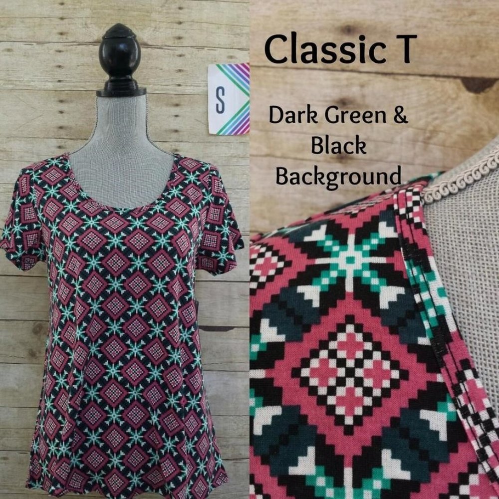 LuLaRoe Classic T Small - Pink, Greens, White & Black Quilt Look Design